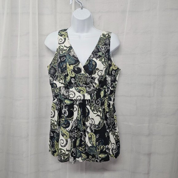 Saks Fifth Avenue Black Green Tank Y2K Pleated Paisley Boho Retro 8 - Picture 10 of 10